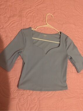 Express Light Blue Ribbed Square Neck Short Sleeve Top body contour